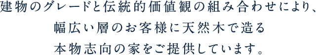 建物のグレードと伝統的価値観の組み合わせにより、幅広い層のお客様に天然木で造る本物志向の家をご提供しています。