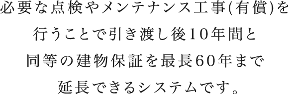 必要な点検やメンテナンス工事(有償)を行うことで引き渡し後10年間と同等の建物保証を最長60年まで延長できるシステムです。